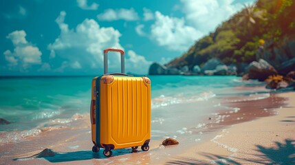 Yellow Suitcase on Tropical Beach. Generative ai.