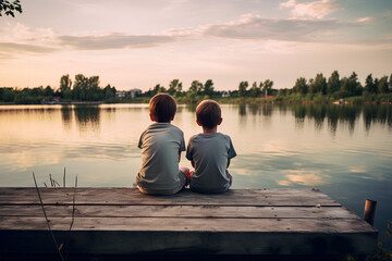 Back of children sitting at lake pier. Cute candid authentic moment of two brothers hanging out togethe