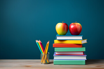 Back to school concept. Stack of books, pencils, pens, brushes and apple