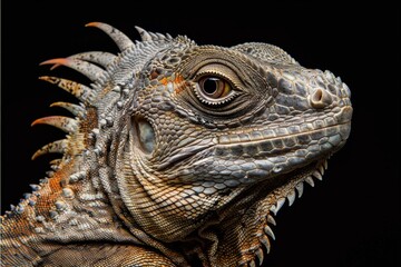 Fototapeta premium Close-up of Chameleon lizard's intricate skin patterns against a black background - reptile studies - zoology - wildlife art