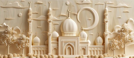 Beautiful mosque 3d relief wallpaper. Mural wallpaper. Wall art. AI generated illustration.