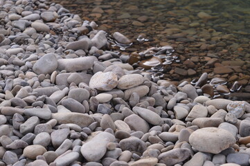 stones on the beach Pebbles near the lake round stones in water, natural resource macro clean water dry and wet