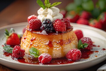 Baba au Rhum A Baba au Rhum soaked in rum syrup, topped with whipped cream and fresh berries. Served on a white plate. 
