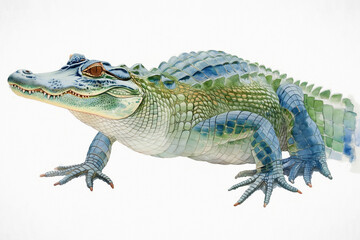 Obraz premium Alligator. Detailed watercolor portrayal. Emerging on a pristine white background. Creative view capturing the powerful presence of the swamp dweller. Abstract impressions with touches of realistic ch