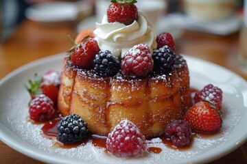 Baba au Rhum A Baba au Rhum soaked in rum syrup, topped with whipped cream and fresh berries. Served on a white plate. 