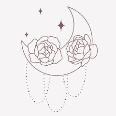 Moon with peonies, line minimalistic vector boho art