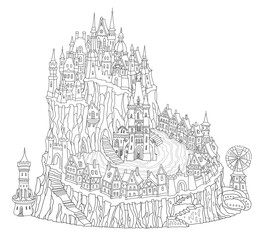 Fairy tale medieval castle and small ancient town houses. Adults and children coloring book page