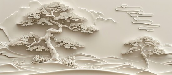 Beautiful Chinese landscape 3d relief wallpaper. Mural wallpaper. Wall art. AI generated illustration.