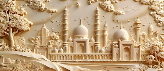 Beautiful mosque 3d relief wallpaper. Mural wallpaper. Wall art. AI generated illustration.