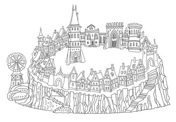 Fairy tale medieval castle and small ancient town houses. Adults and children coloring book page