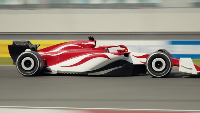 Dynamic parallel tracking shot of a generic formula one race car racing along the homestretch over the finish line. Dynamic side view camera.. High quality 3d animation