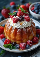 Baba au Rhum A Baba au Rhum soaked in rum syrup, topped with whipped cream and fresh berries. Served on a white plate. 
