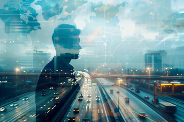 A businessman utilizing a futuristic interface, combined with a truck on a highway in a double exposure photo, demonstrates the seamless integration of global data networks and tra