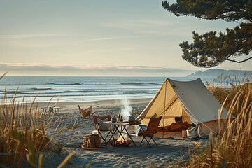 aesthetic white glamping tent in the beach