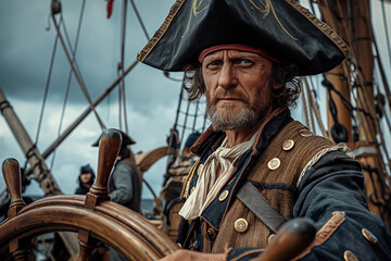 Obraz premium a pirate at the helm of his ship