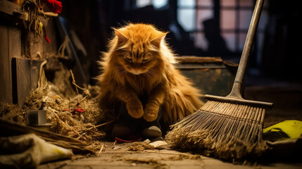 A fluffy ginger cat with a sad and offended look sits next to a pile of dust and garbage in a dimly lit lumber room