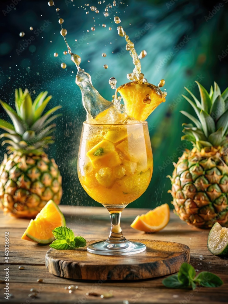 Poster Pineapple drink splash with fresh fruits.