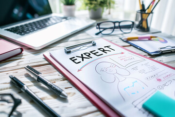 Business Expert Working at a Desk With a Laptop, Pens, and a Clipboard