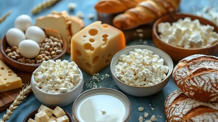 Fototapeta premium Jewish holiday Shavuot concept with dairy products, cheese, bread, milk bottle on light blue background