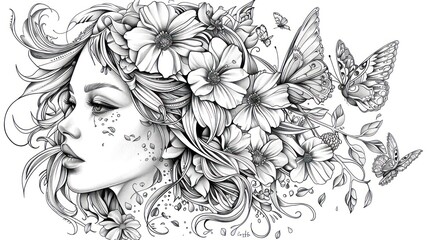 Fototapeta premium A close-up view of a painting of a beautiful woman with flowers in her hair. tattoo coloring and design. Ai generated image
