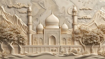 Beautiful mosque 3d relief wallpaper. Mural wallpaper. Wall art. AI generated illustration.