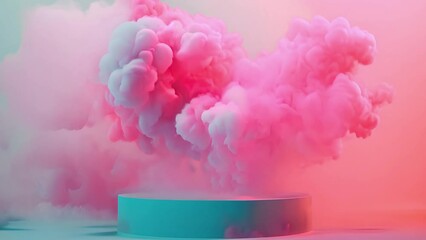 Creative product display background. Neon podium and pink heart shaped smoke around