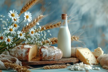 Jewish holiday Shavuot concept with dairy products, cheese, bread, milk bottle on light blue background