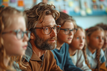Fototapeta premium Man and Children Listening Attentively in Classroom Setting