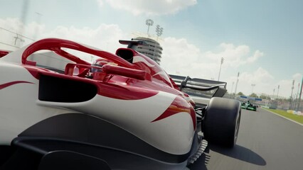 Dynamic front view shot of a generic formula one race car racing along the homestretch over the finish line. Dynamic low angle front view camera.. High quality 3d animation - Powered by Adobe