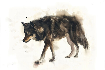 Black Wolf. Detailed watercolor portrayal. Lurking on a pristine white background. Creative view of the enigmatic creature of the night. Abstract impressions with touches of realism