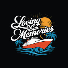 Fototapeta premium Retro cruise vibrant colors waves with typography sun and palm trees