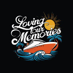 Retro cruise vibrant colors waves with typography sun and palm trees