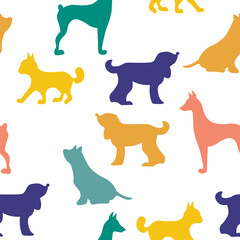 Vector seamless repeating childish pattern with cute dogs, cats in Scandinavian style. Animals background with dog, cat, pets, puppy for invitation, poster, card, flyer, textile, fabric
