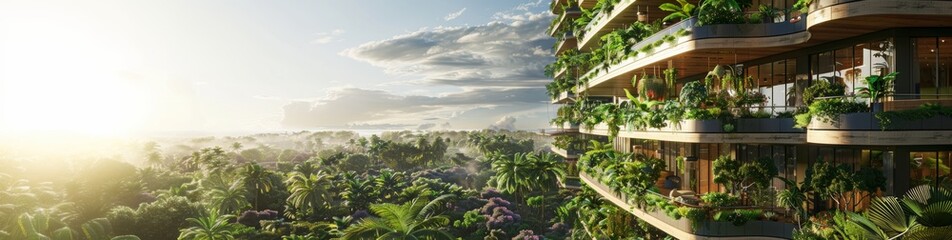 Fototapeta premium Luxurious green urban balcony with plants. A luxurious urban balcony filled with lush green plants, overlooking a scenic forest landscape in a modern setting. Banner with copy space