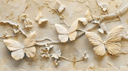 Beautiful butterfly 3d relief wallpaper. Mural wallpaper. Wall art. AI generated illustration.
