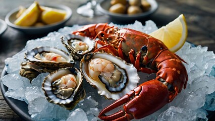 A seafood platter featuring oysters, lobster tails, and jumbo shrimp, nestled on ice