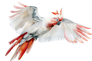 Obraz premium Cockatoo in flight. Vibrant watercolor portrayal. Set against a white canvas. Imaginative depiction of exotic bird life. Abstract strokes mingled with hints of lifelike detail.