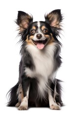A dog sitting on white background looking at the camera.