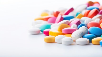 Colorful pills on a white background.