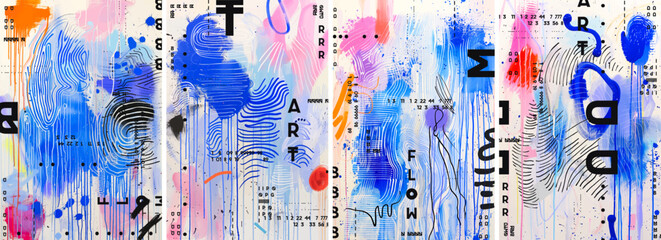 An abstract set poster featuring dynamic slanted lines and splattered paint in varying shades of blue, orange, and black. Curvilinear shapes create a bold painting with vibrant hues of blue and pink.