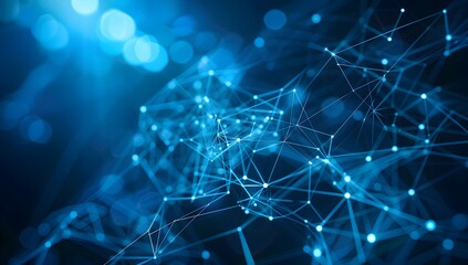 Abstract blue digital background with glowing network connections and nodes on dark backdrop, in the style of technology concept
