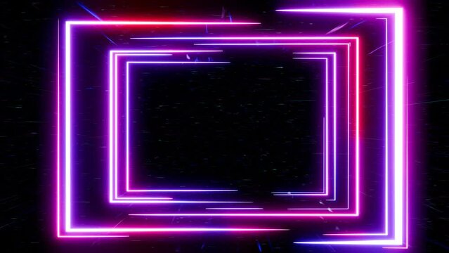 Glowing square purple and blue frame animation with noise effect on black background