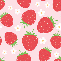 Seamless pattern with strawberry and flowers. Fruits vector illustration on pink background. It can be used for wallpapers, wrapping, cards, patterns for clothing and others.