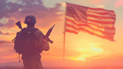 Illustration of a Soldier standing and a US flag in front, on a sunrise background concept. Ai generated image
