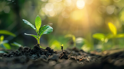 young plant sprouting from fertile soil with sunlight in natural environment