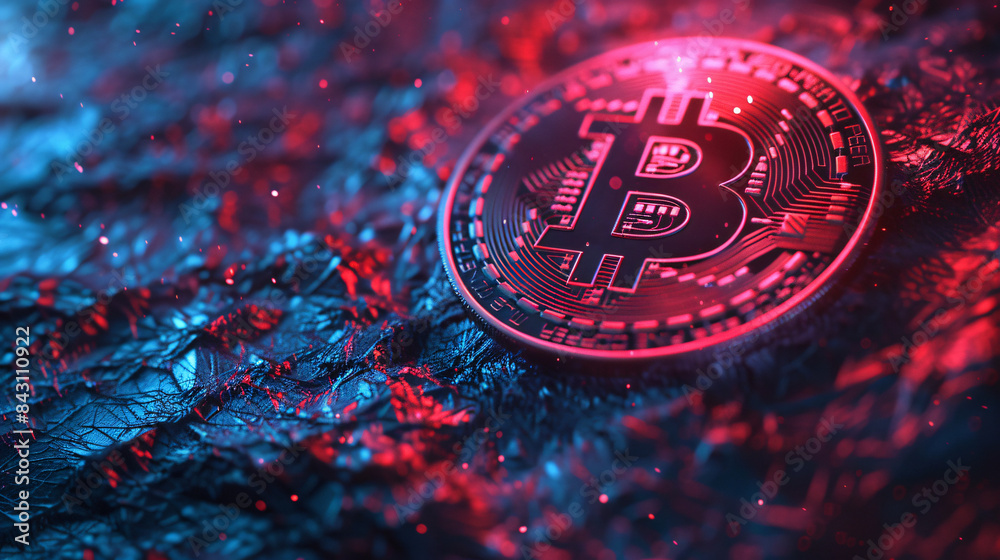 Aufkleber Bitcoin coin in close-up on a radiant digital backdrop with a textured surface