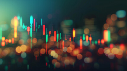 Night cityscape with bokeh lights and a glowing stock market trading chart, perfect for finance concepts