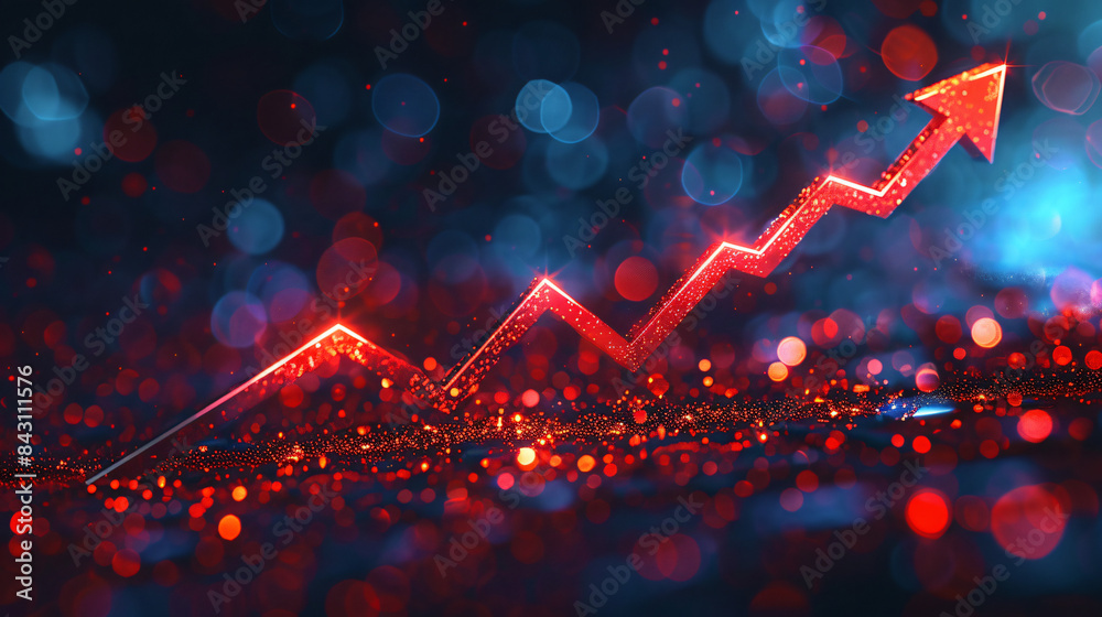 Poster Abstract image of a glowing red growth arrow on a dynamic, digital bokeh background