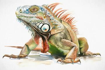 Obraz premium Iguana. Captivating watercolor rendition. Presented on pure white canvas. Artistic interpretation of fascinating wildlife. Fusion of abstract and realistic elements