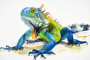 Iguana. Authentic watercolor style. Set against a clean white backdrop. Unique artistic portrayal of nature's wonder. Blend of abstract flair and lifelike details